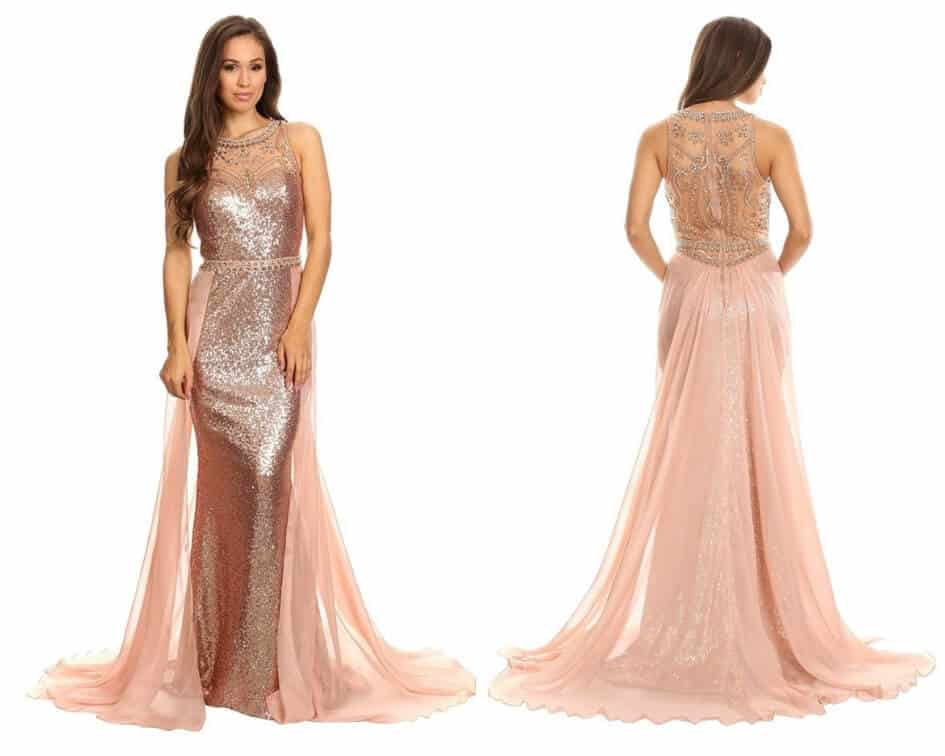 Sequined Illusion Halter Evening Dress with Sheer Overlay
