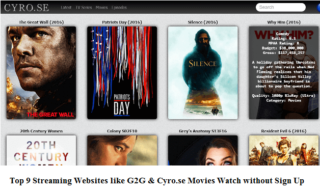 Top 9 Streaming Websites like G2G and Cyro.se Movies Watch without Sign Up